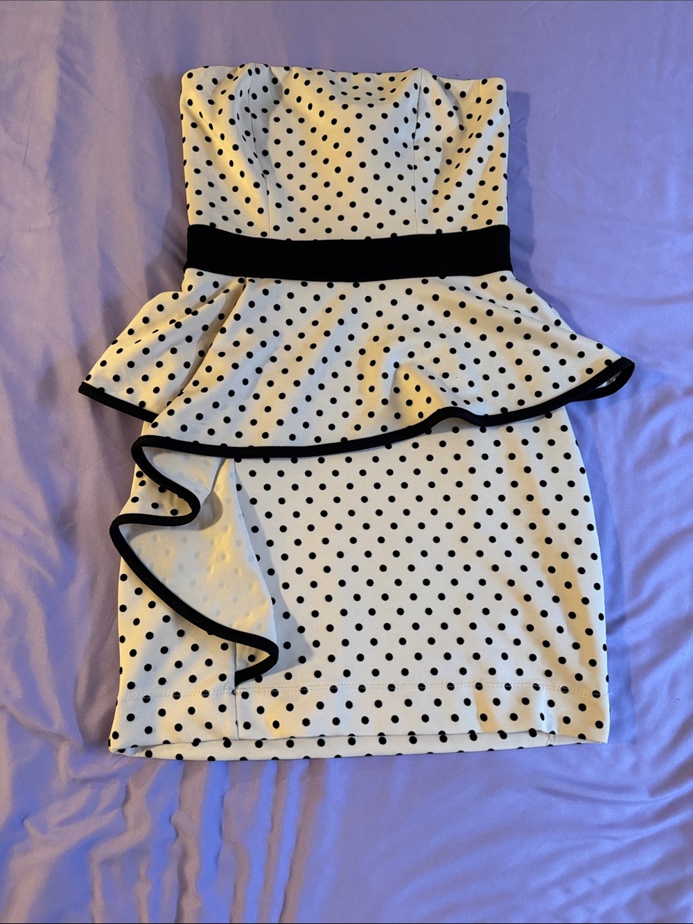 Emerald Sundae White and Black Polka Dot Strapless Peplum Mini Dress